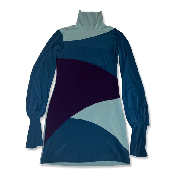 Vintage 60’s Retro Color-block Balloon Sleeve Dress in Teal & Purple | Size S - Picture 2 of 11